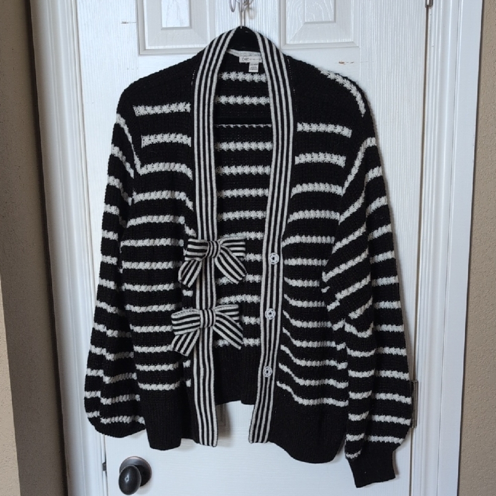 Cato Black and White Striped Bow-Accent Cardigan